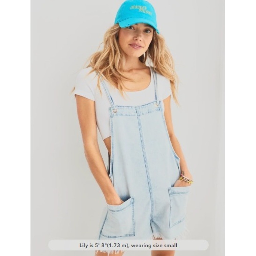 Aerie Denim Shortalls Light Wash Lace Up Back Frayed Hem Blue Medium